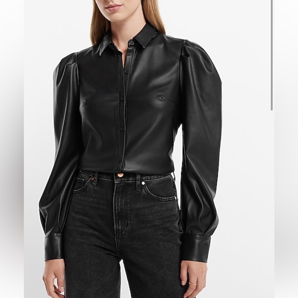 Express Faux Leather Puff Sleeve Button Up Shirt. Black. Size XL.